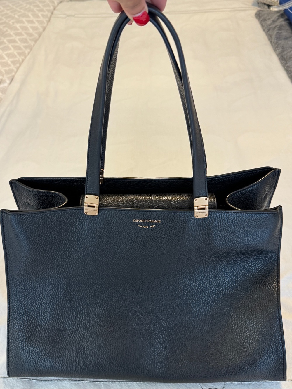 Emporio Armani Black Pebbled Leather Tote with Gold Accents